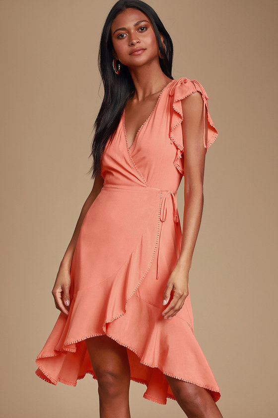 Pretty Peach Dress - Wrap Dress - Midi Dress - Peach Wrap Dress - Lulus